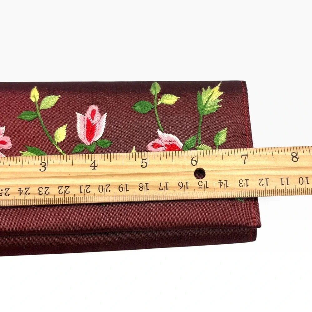 Vintage Style Floral Embroidered Burgundy Satin Clutch Evening Bag Pink Roses